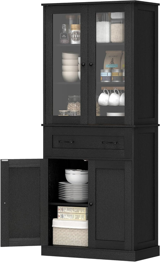 Buffetkast – Opbergkast – Keukenkast – Hoge Kast – Dressoir – Verstelbare Planken – Zwarte Acryl Deuren – 76x40x182 cm – Anti-Kantel Veiligheid