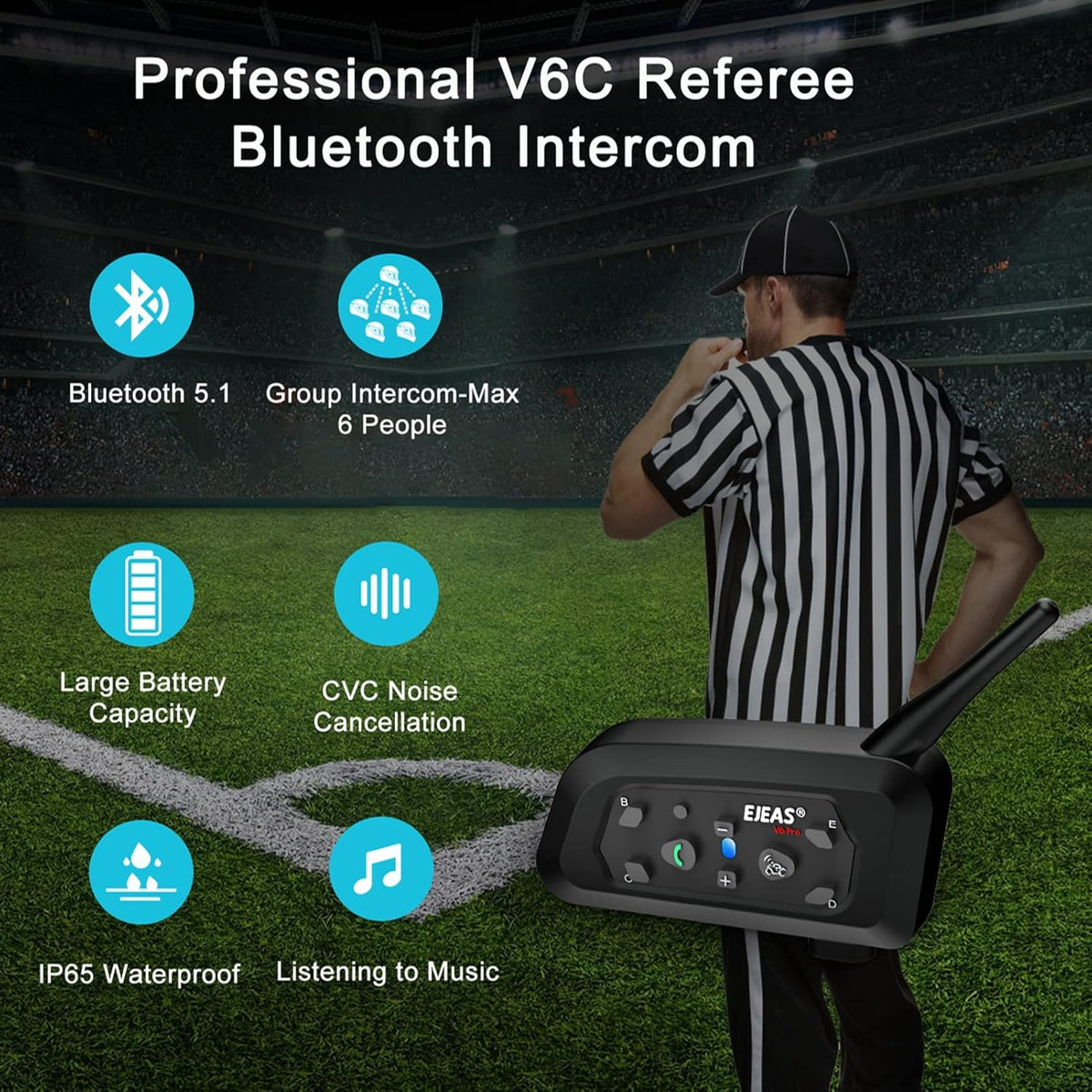 EJEAS V6C Referee Bluetooth Intercom, 850mAh Full Duplex 1200M Wireless Bluetooth Interphone with Referees Headset and Running Arm Band for Football Hockey Rugby Sport, USB-C (2-Pack)