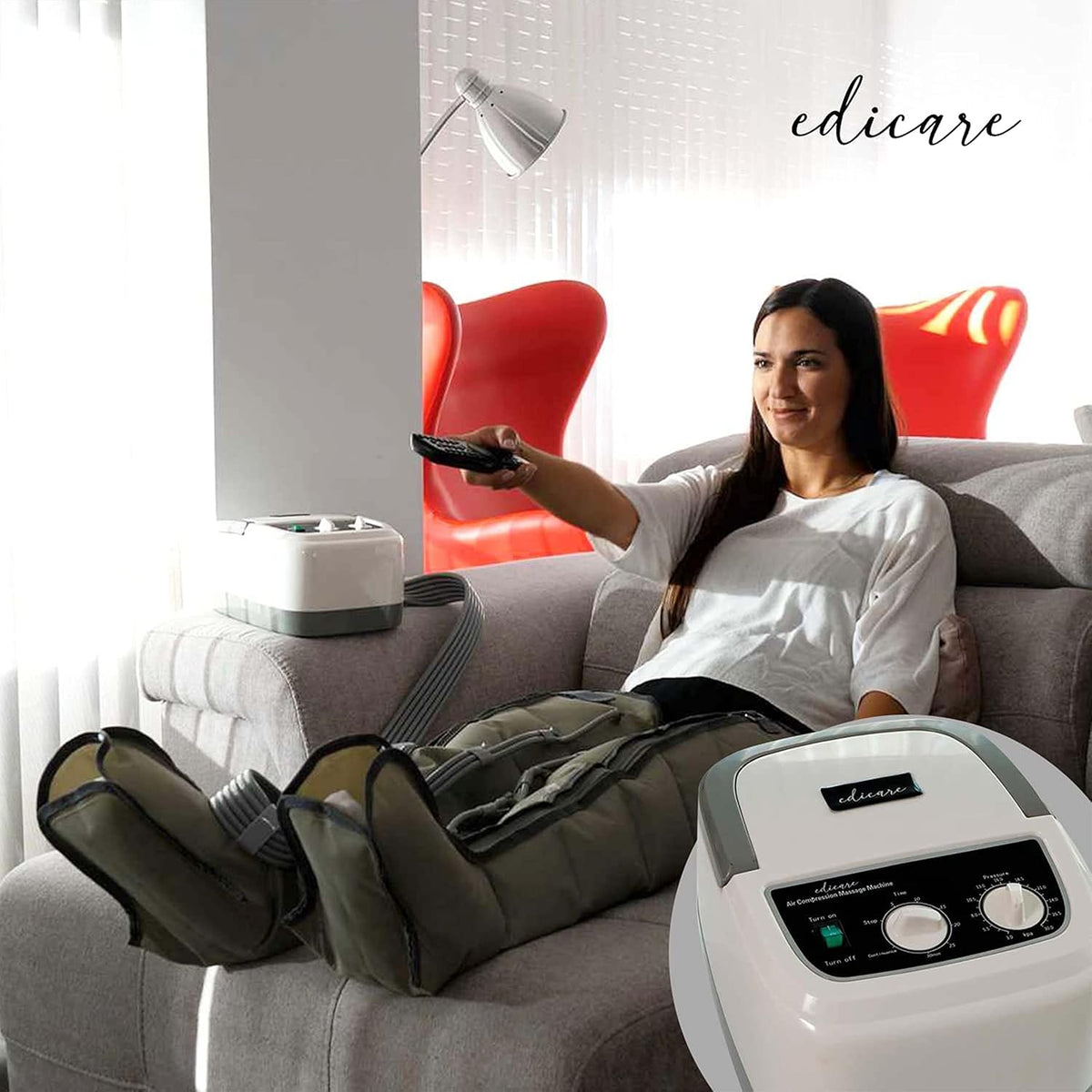 Edicare, Pressotherapie voor thuis, voor vermoeide benen en voeten, 6 ventielen, bevordert een betere doorbloeding, lymfedrainage, eenvoudig in gebruik, professionele efficiëntie (apparaat en benen)