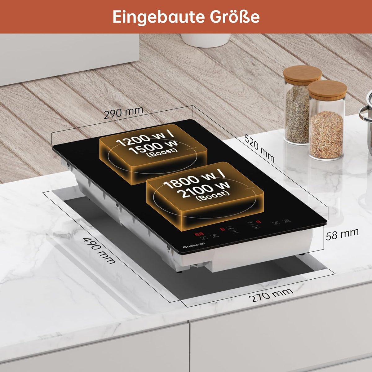 Inductiekookplaat, 2 kookplaten, inbouwkookplaat, 3600 W, continue verwarming, booster, 9 standen, timer 1-99 min, automatische uitschakeling, kindervergrendeling, pansensor, matzwart
