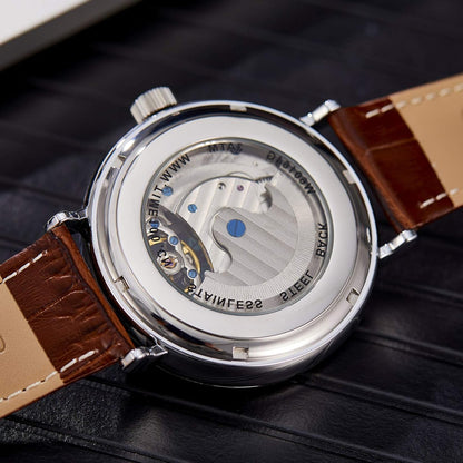 TIME100 Heren automatisch horloge Navigator-serie Tourbillon-stijl dubbele tijdzone zakelijke kalender mechanisch horloge lederen band