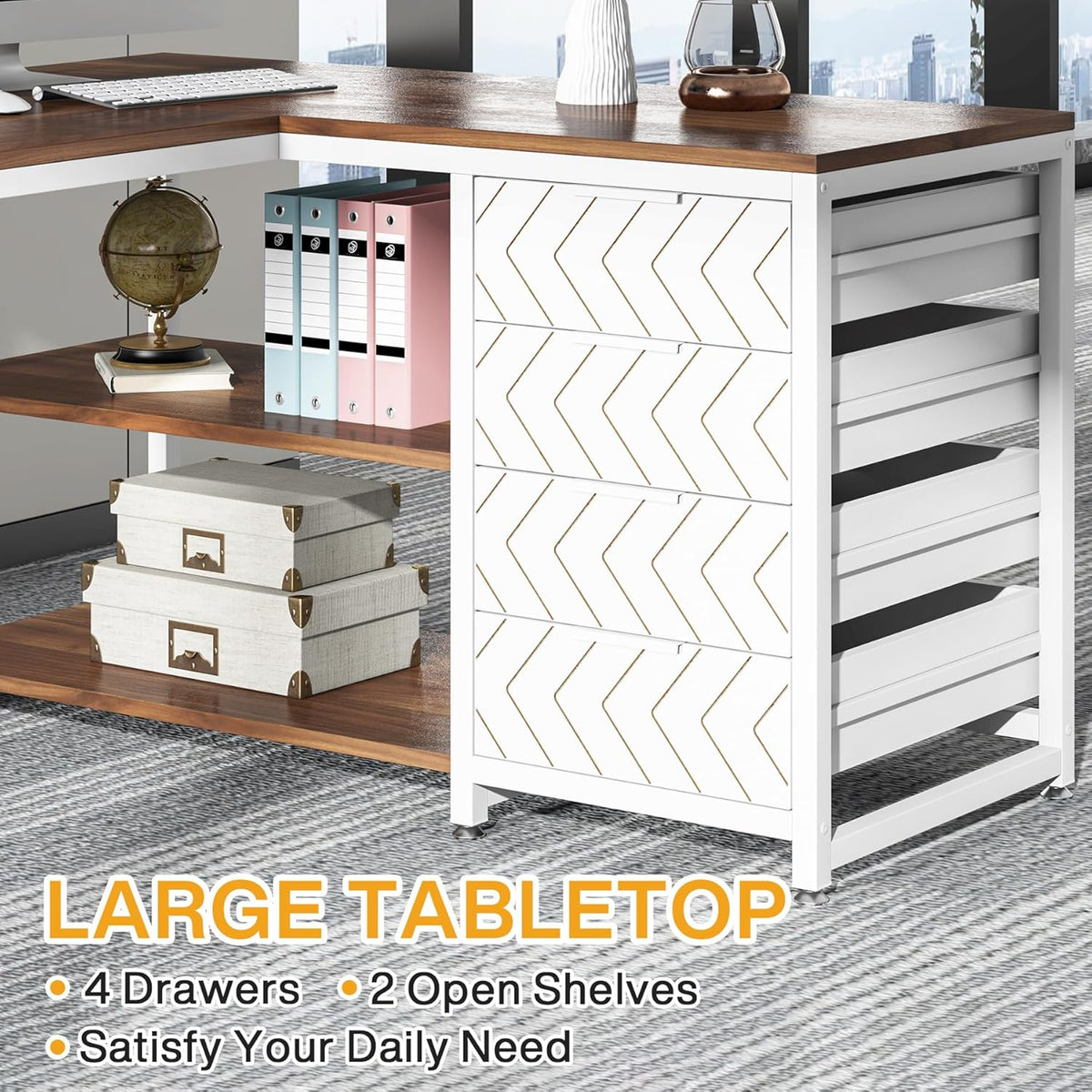 Tribesigns L-Shape Desk with 4 Drawers, L-Shaped Computer Table with 2 Shelves, Reversible Corner Desk with Storage for Office, Study, Living Room, 150 x 110 x 75 cm (Walnut and White)