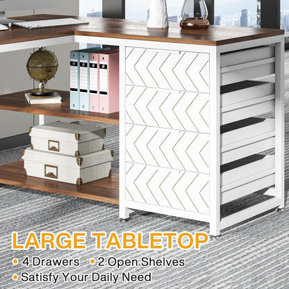 Tribesigns L-Shape Desk with 4 Drawers, L-Shaped Computer Table with 2 Shelves, Reversible Corner Desk with Storage for Office, Study, Living Room, 150 x 110 x 75 cm (Walnut and White)