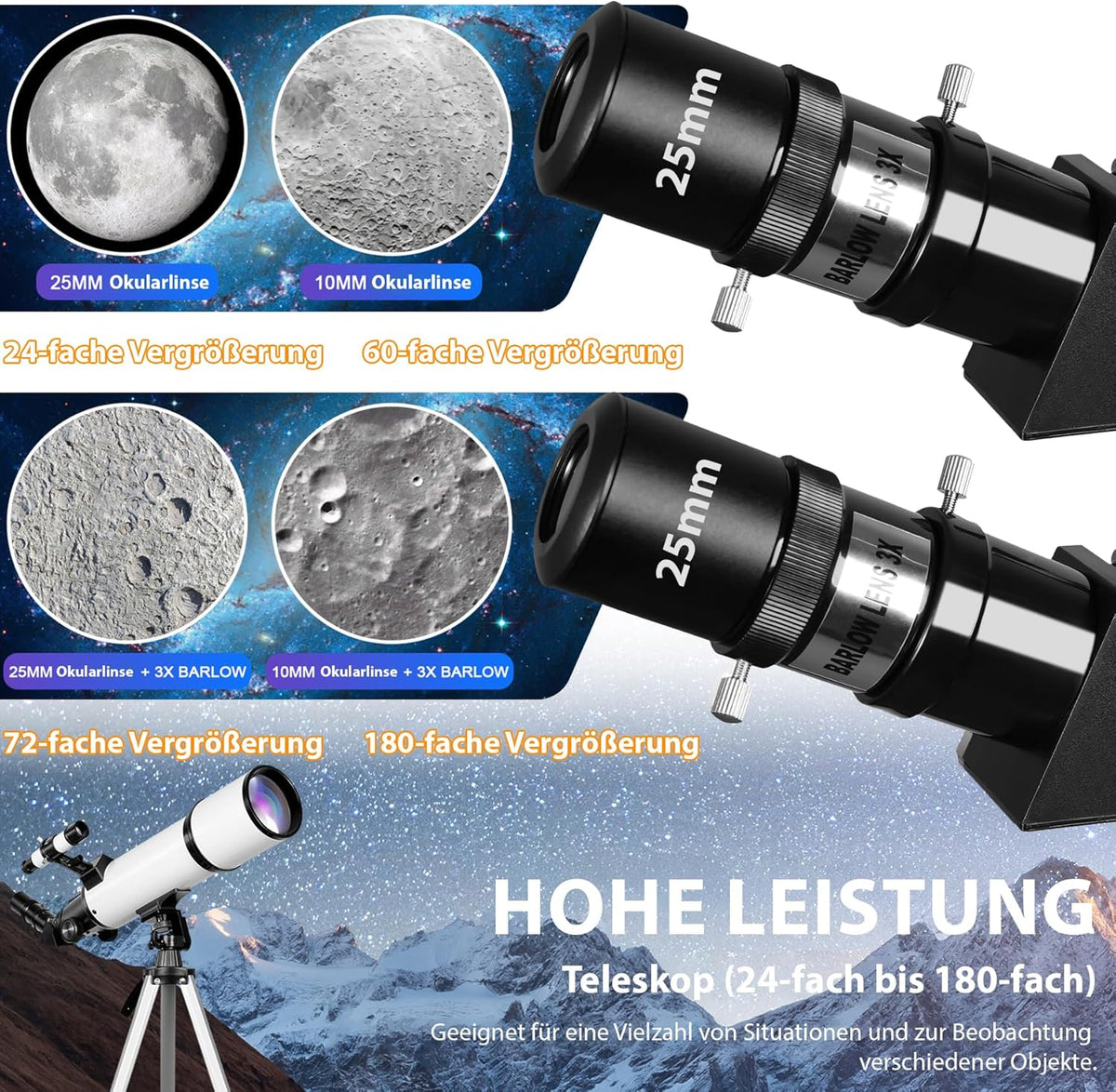 Telescopische astronomie 80 mm opening 60 mm brandpuntsafstand voor kinderen en volwassenen beginners met statief en mobiele telefoonhouder, draagbare refractortelescoop voor aard- en