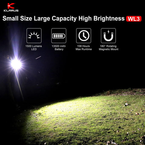 KLARUS WL3 campinglamp, 13500 mAh hoge capaciteit oplaadbaar werklicht, 1500lm camping lantaarn met 6 modi -lichten, magnetische basis, haakfunctie, IPX5 voor kamperen, nachtvissen