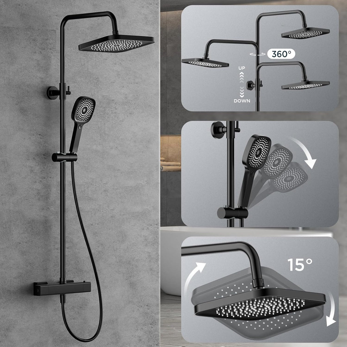 FORIOUS Shower System with Thermostat, Stainless Steel Shower Fixture, Complete Set with 25 cm Square Overhead Rain Shower, 90-125 cm Height Adjustable Shower Rod, 3 Jet Types,
