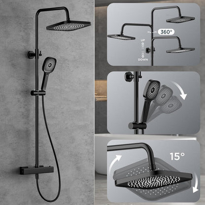 FORIOUS Shower System with Thermostat, Stainless Steel Shower Fixture, Complete Set with 25 cm Square Overhead Rain Shower, 90-125 cm Height Adjustable Shower Rod, 3 Jet Types,