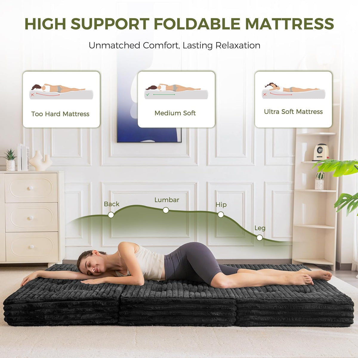 MAXYOYO Opvouwbaar matras 200 * 150 cm, 15 cm gestoffeerd opvouwbaar matras met premium imitatiebont, drievoudig opvouwbare futon slaapbank voor woonkamer/logeerkamer