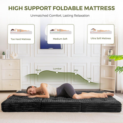 MAXYOYO Opvouwbaar matras 200 * 150 cm, 15 cm gestoffeerd opvouwbaar matras met premium imitatiebont, drievoudig opvouwbare futon slaapbank voor woonkamer/logeerkamer