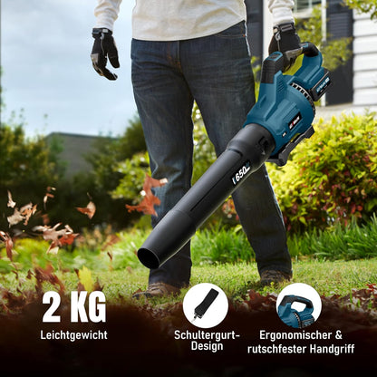 GEVEELIFE Accu-elektrische bladblazer 18 V, 257 km/u, met 3 snelheden en 2 accu's van 5,2 Ah, draadloze bladblazer voor tuin, bladeren, stof en sneeuw, blauw (batterij