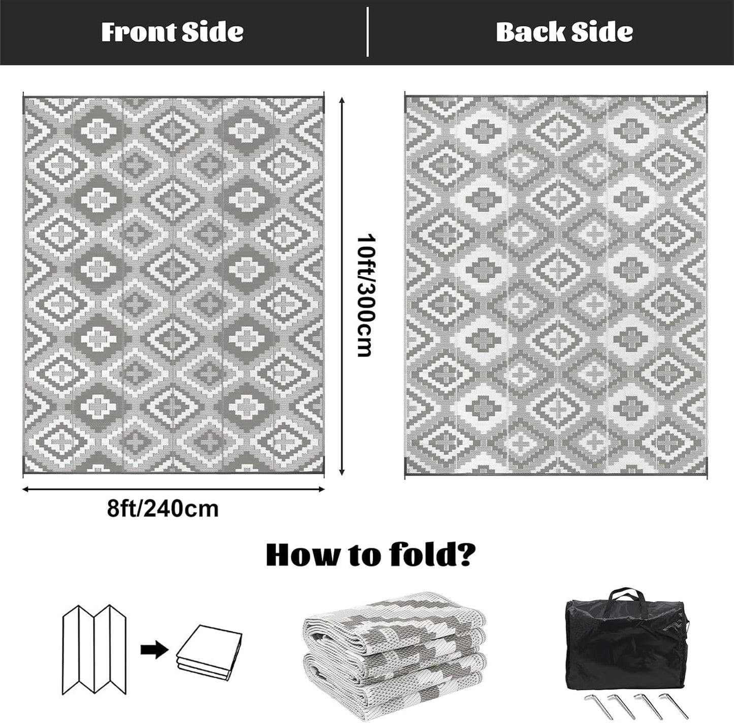 Buiten Vloerkleed - Buitenkleden - Buitentapijt - Opvouwbaar - UV-bestendig - Waterdicht - Buitenmatten - voor Buiten - Balkon - Strand - Picknick -Terras - Rechthoekig - 240 x 300 cm - Grijs