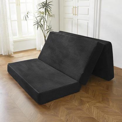 MAXYOYO Opvouwbare corduroy matras, drievoudig gevouwen vloermat, dik, met wasbare overtrek, ruimtebesparend voor gasten (zwart, 135 x 190 cm - 10 cm)