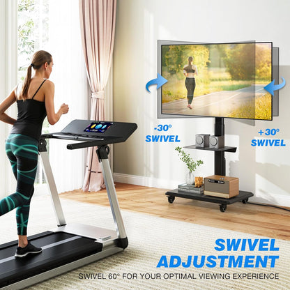 5Rcom Mobiele tv-standaard op wielen voor platte gebogen 32-55 inch tv's, draaibare rollende tv-standaard met houten basis, in hoogte verstelbaar met één plank Max VESA 400x400 mm tot 35 kg