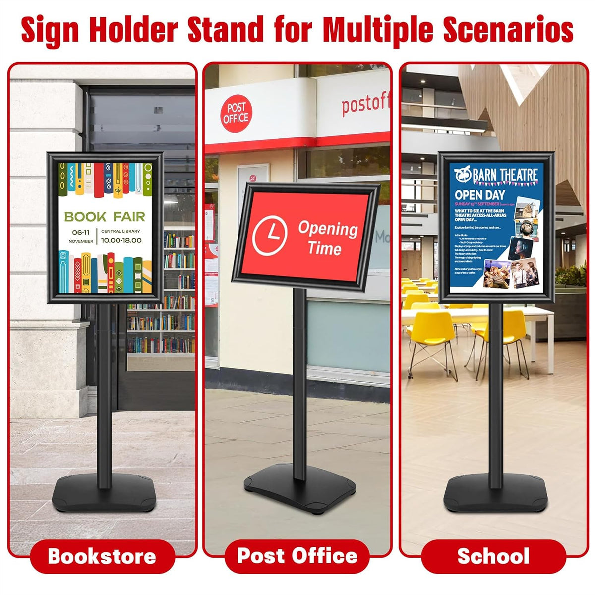 Schildstandaard Display – Posterstandaard, Infostandaard, Presentatiestandaard, Menuhouder – A3, Zwart, Set van 3 – Zware 2,6 kg Metalen Voet – 360° Draaibaar en 180° Kantelbaar