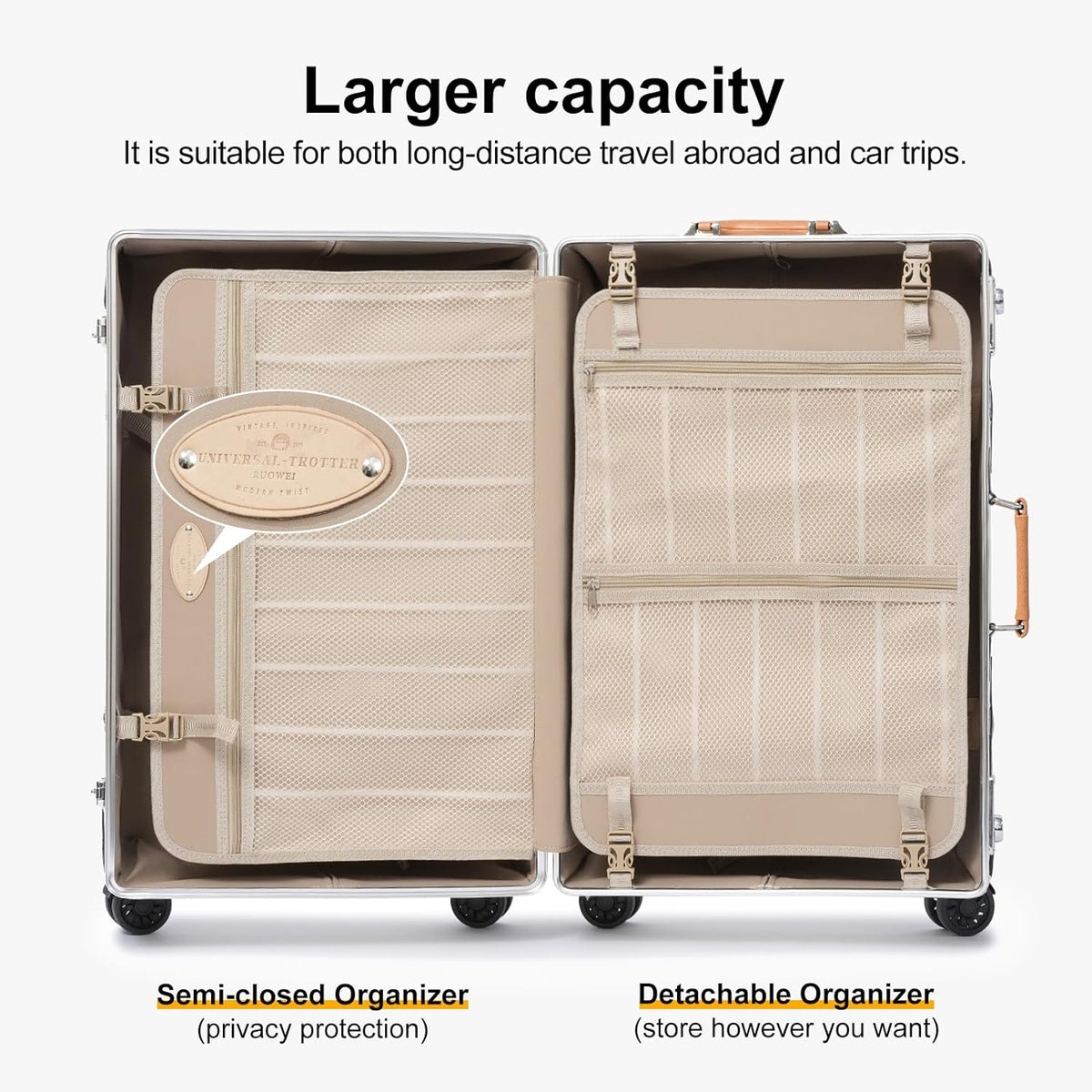 Urecity 3-delige retro bagageset - vintage lederen koffer voor dames, stijlvolle en ruime reiskofferset met robuust aluminium frame, wit met bruin, S(12")+L(26"), vintage