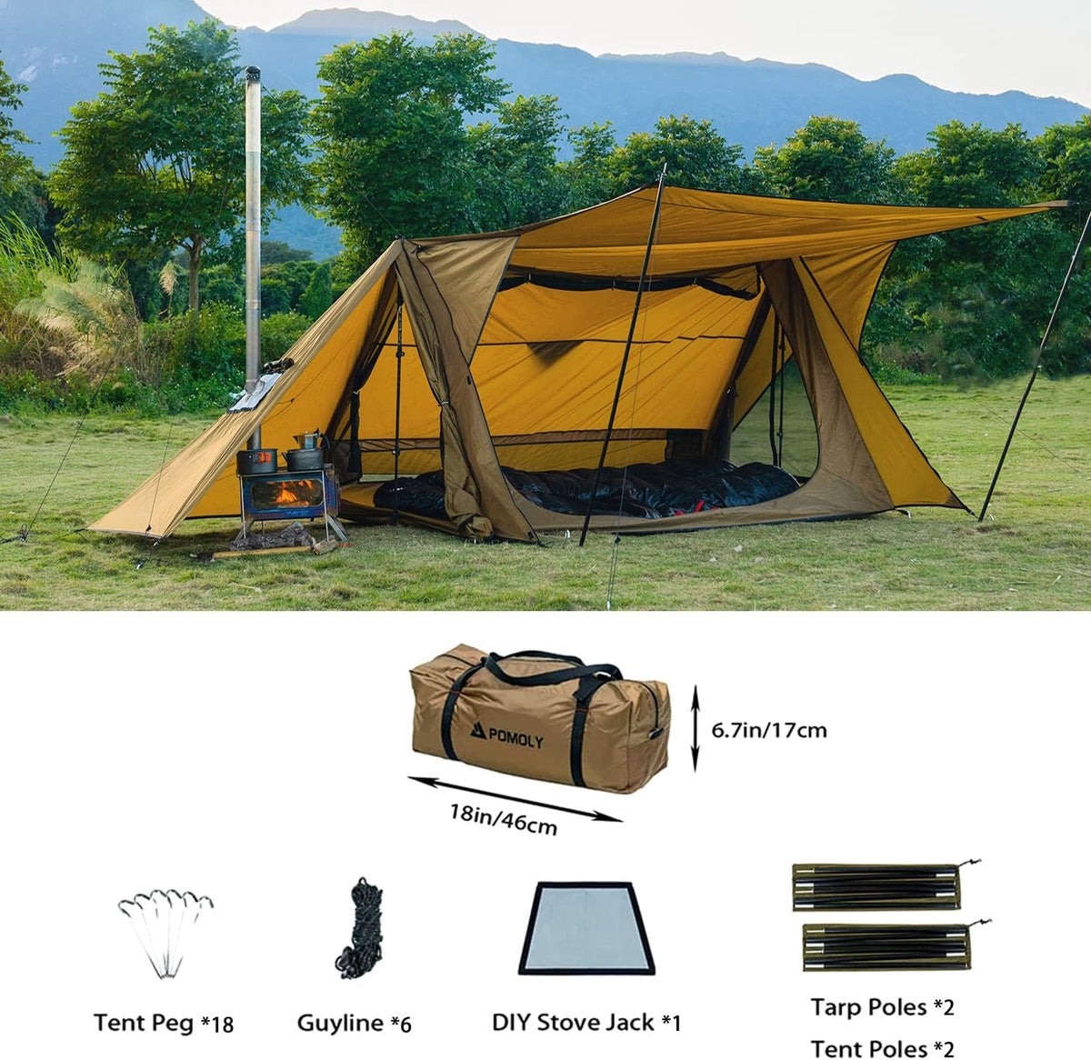 POMOLY Camping Hot Tent Bushcraft Tent, STOVEHUT 70 3.0 Shelter met 4 palen voor 1-2 personen wandelen, backpacken