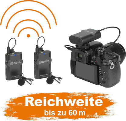 Draadloze lavaliermicrofoonset – Reversmicrofoon – Clipmicrofoon – Draadloze microfoonset – Interviewmicrofoon – 3-Delig, 2 Microfoons + 1 Ontvanger – 2,4 GHz Draadloos Tot 60 Meter
