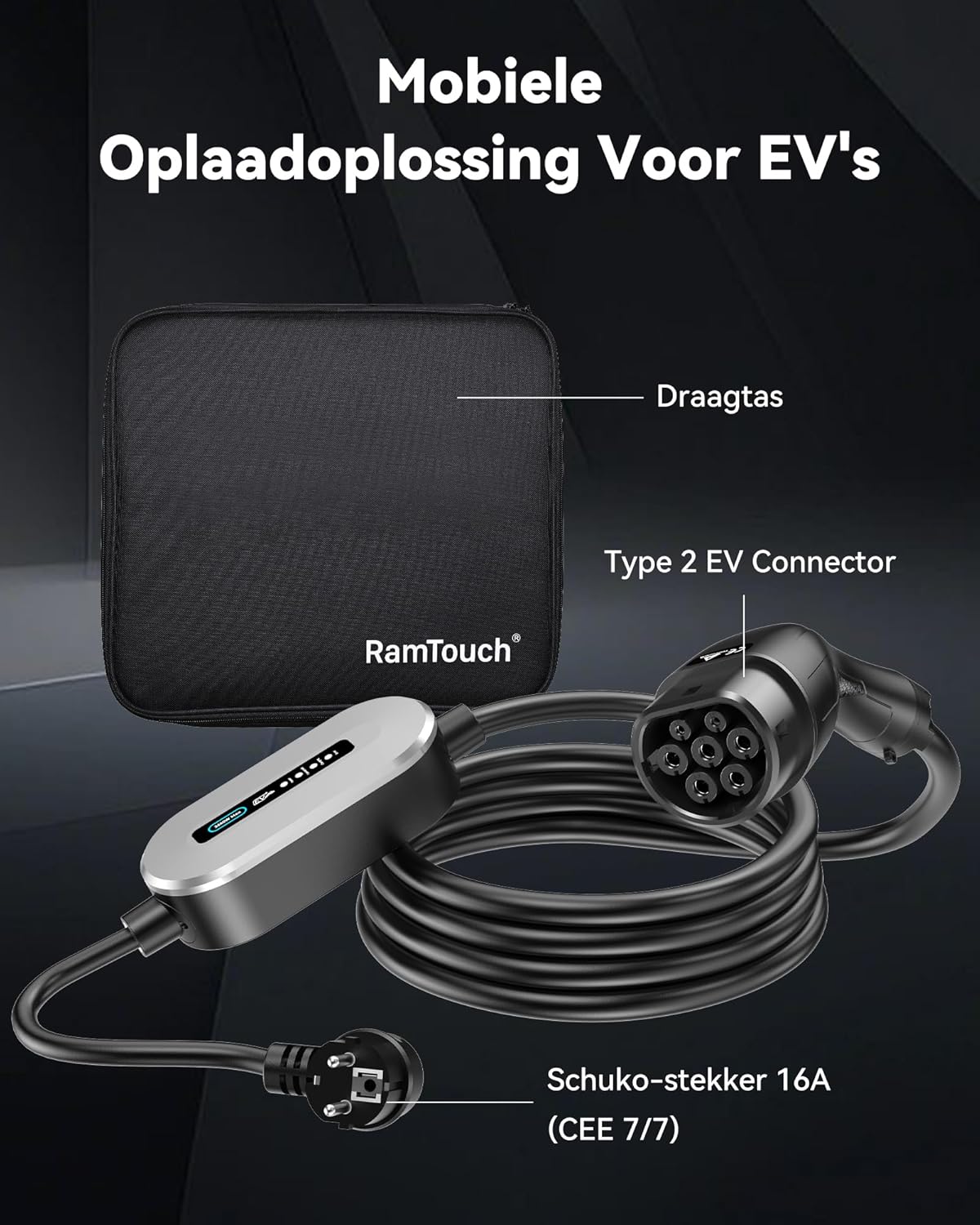 Type 2 Laadkabel Schuko (3,68 kW, 6,5 m, 16A, 1-Fase) | Thuislader EV Lader met LED, Mobiele Laadpaal voor Elektrische & Hybride Auto's (Model Y/3/X/S, EX30, NIRO, XC40 en andere EV/PHEV)