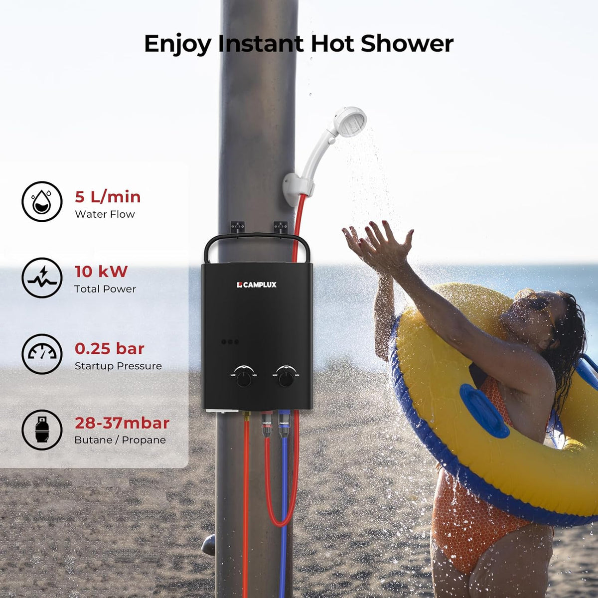 CAMPLUX AY132B 5 L/min Gas Boiler met Verstelbare Handgreep voor Buitendouche/Campers, Butaan (28-30mbar)/ Propaan (37 mbar)