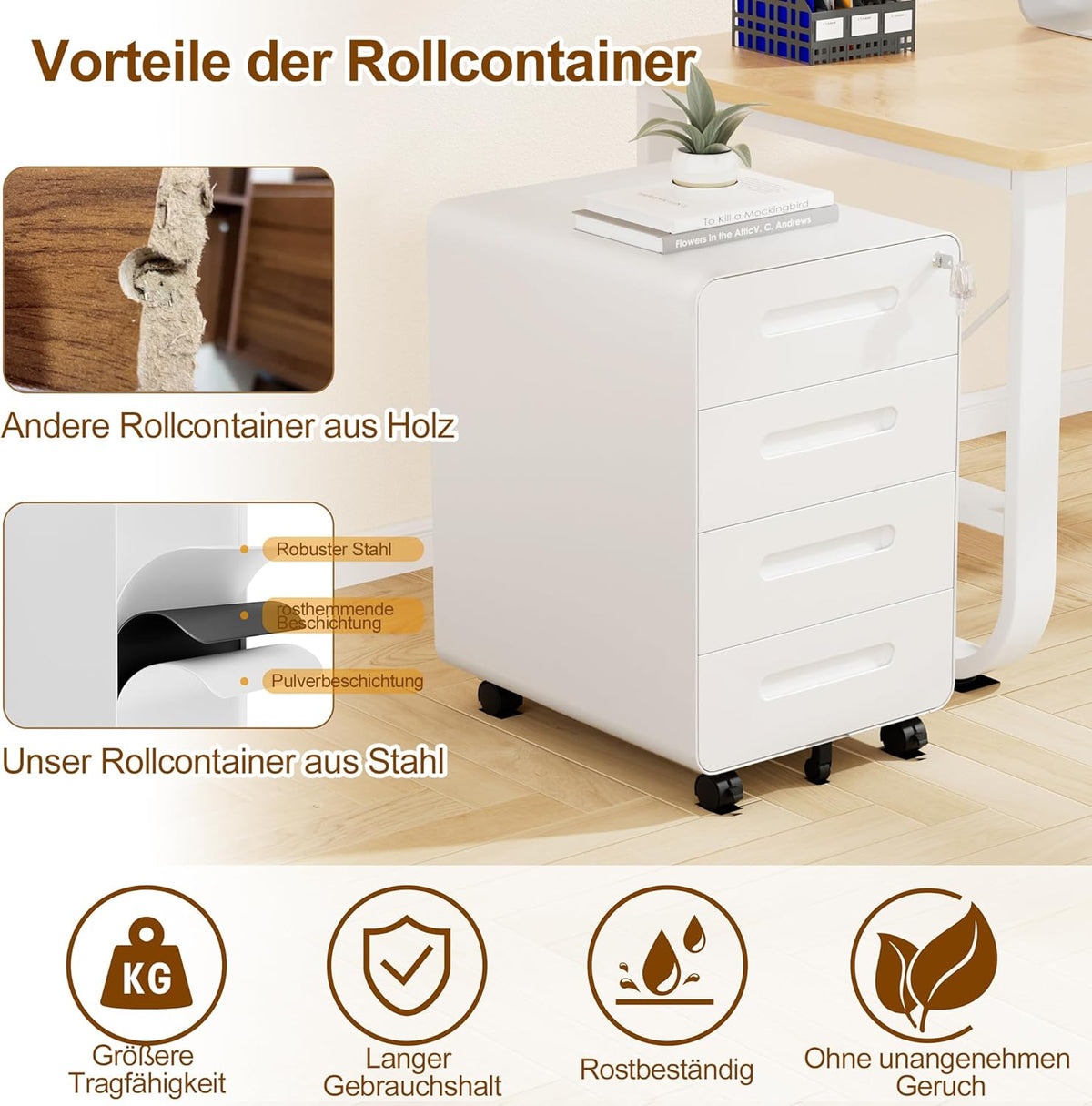 Rollcontainer, mobiele archiefkast, afgeronde hoek, 4 laden, 40 x 46 x 63 cm, wit OFC041W01HI