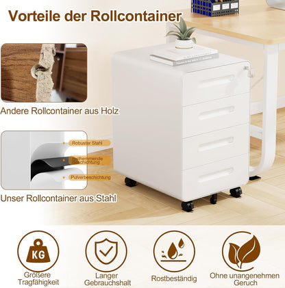 Rollcontainer, mobiele archiefkast, afgeronde hoek, 4 laden, 40 x 46 x 63 cm, wit OFC041W01HI