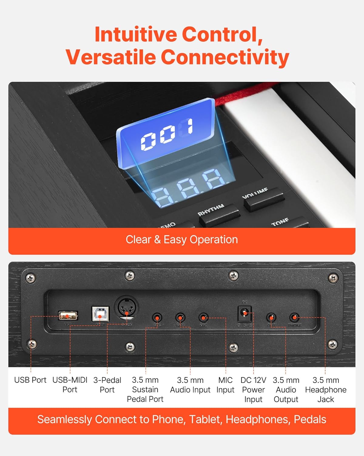 Digitale piano – Elektrische piano – Keyboard – Piano met gewogen toetsen – Pianotoetsenbord – Zonder houder – 88 volledig gewogen toetsen – Dual-toetsenbordmodus