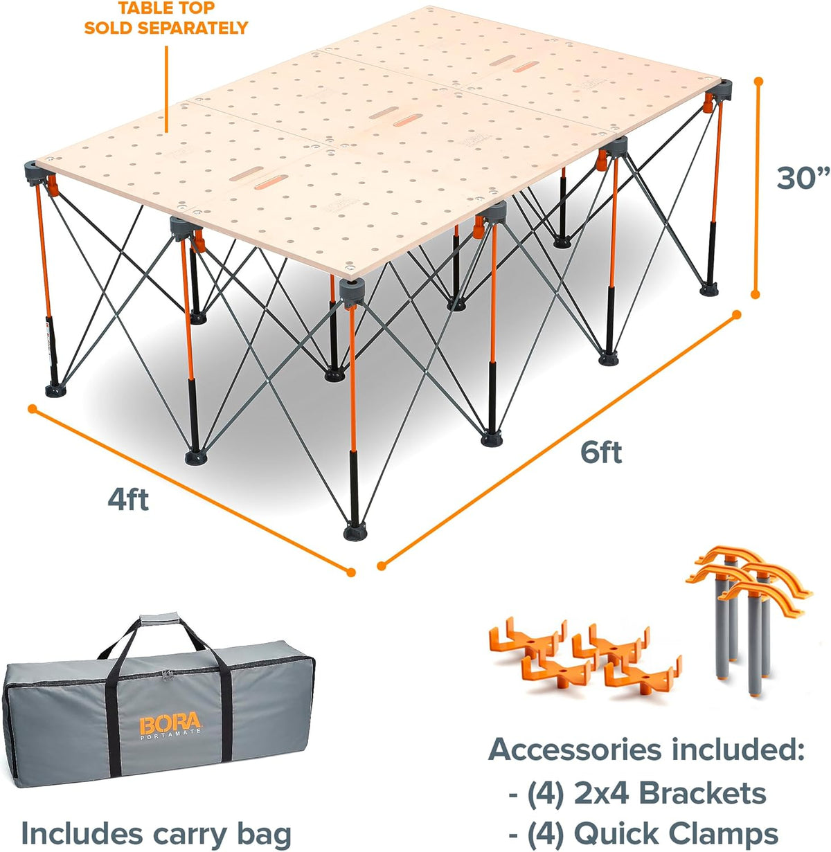 BORA Duizendpoot 1,2 m x 1,8 m x 0,75 m draagbare werkstandaard 30 inch hoogte, inclusief 4 X-Cups, 4 klemmen, draagtas, 2041 kg capaciteit, CK12S