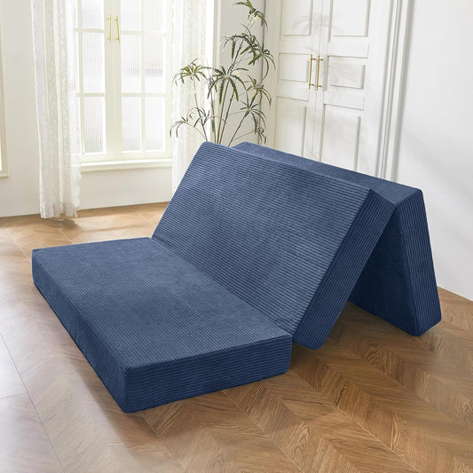 MAXYOYO Vouwmatras van corduroy fluweel, vloermatras in drie diktes, 10 cm, met wasbare overtrek, drievoudig opvouwbaar, ruimtebesparend voor gasten (Bluestone, King)