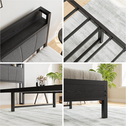 91 cm eenpersoonsbedframe met opberghoofdeinde, zwaar metalen gestoffeerd platformbedframe, matrasstichting/sterke stalen lattenondersteuning/opslag onder bed/eenvoudige montage/zwart