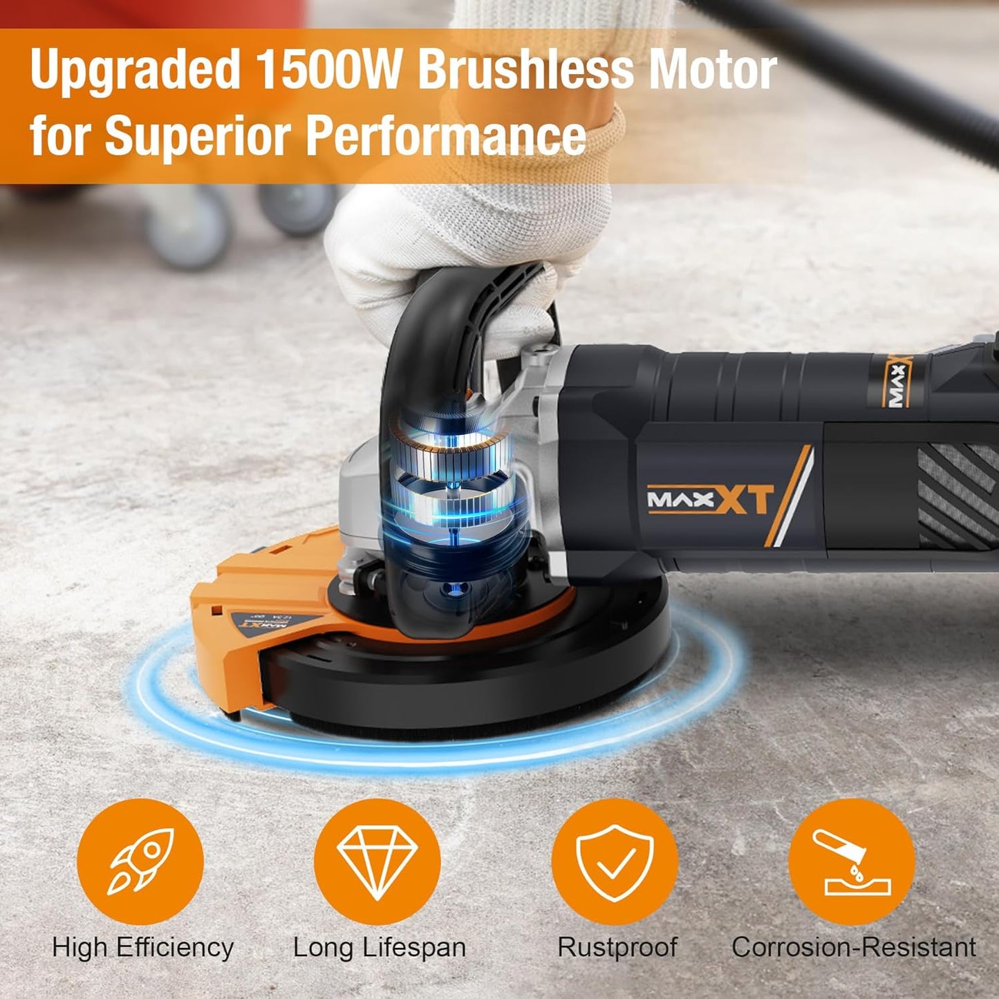 MAXXT Betonschuurmachine 1500 W – 1000 – 8500 omw/min, 7 instelbare snelheden, afneembare bescherming, 2 diamantslijpschijven meegeleverd