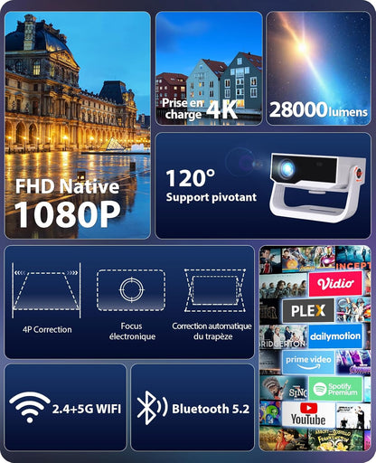 Intelligente videoprojector Wielio Android 11, FHD 1080p compatibel met 4K, WiFi6 & BT5.2, 28.000 lumen, ondersteuning 120 graden verstelbaar, elektronische focus, trapeziumcorrectie voor iOS/Android