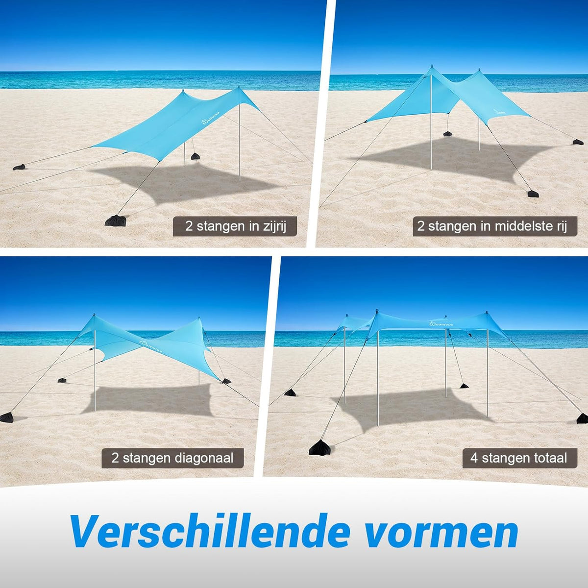 WolfWise UPF50+ Strandtent Zonnescherm, 2,3 x 2,3 m Familie Strand Parasol Geschikt voor 2-6 Personen, Gemakkelijk Op te zetten Winddicht Waterdicht Strand Afdak, Blauw, Large