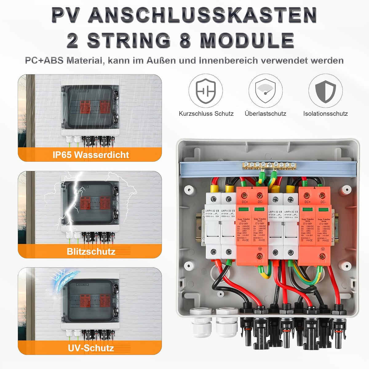 Overspanningsbeveiliging PV DC1000V bliksembeveiliging PV installatie 20-40 KA, overspanningsbeveiliging op zonne-energie, 2 snaren, 8 modules met 16 A-zekering, IP65 waterdicht en