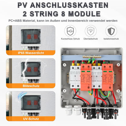 Overspanningsbeveiliging PV DC1000V bliksembeveiliging PV installatie 20-40 KA, overspanningsbeveiliging op zonne-energie, 2 snaren, 8 modules met 16 A-zekering, IP65 waterdicht en