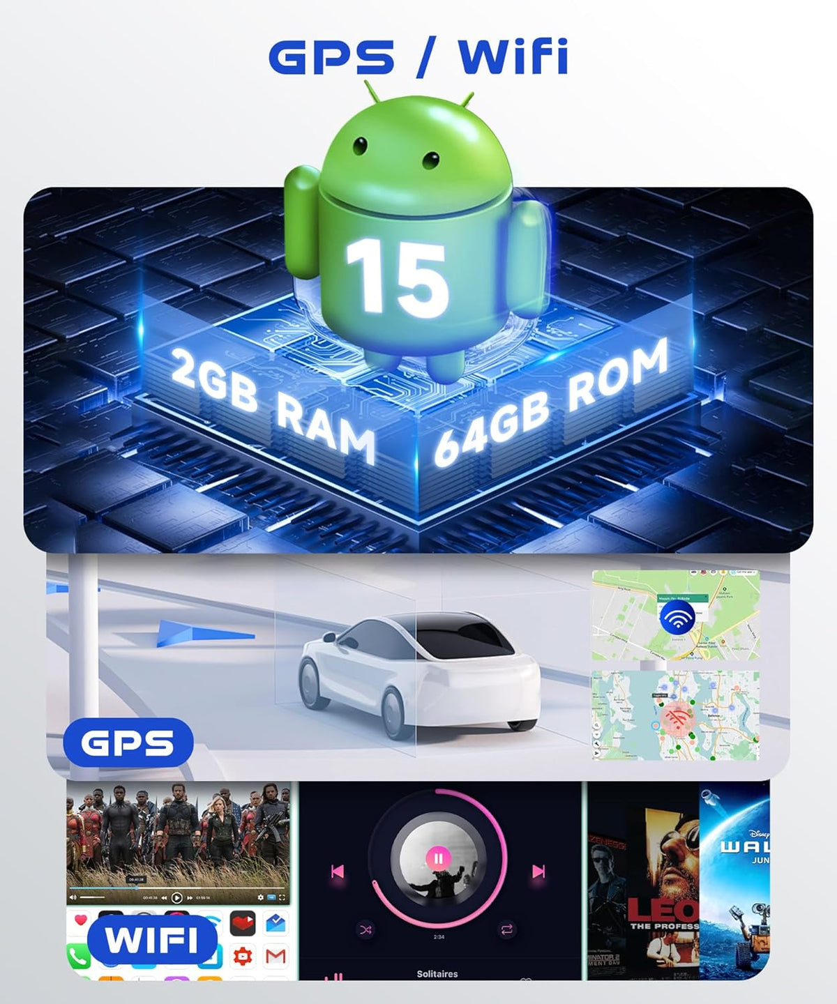 Autoradio Android 15 – Touchscreen Autoradio – Multimedia Systeem – GPS Navigatie – CarPlay Android Auto – 7-inch IPS Scherm – Draadloze Connectiviteit – Inclusief Achteruitrijcamera