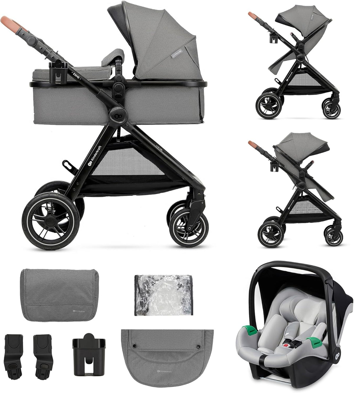 Kinderkraft ESME Mink Pro I-Size 3-in-1 autostoel met draagzak, reissysteem, babybuggy, opvouwbare kinderwagen, voor pasgeborenen tot 4 jaar, grijs