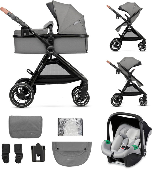 Kinderkraft ESME Mink Pro I-Size 3-in-1 autostoel met draagzak, reissysteem, babybuggy, opvouwbare kinderwagen, voor pasgeborenen tot 4 jaar, grijs
