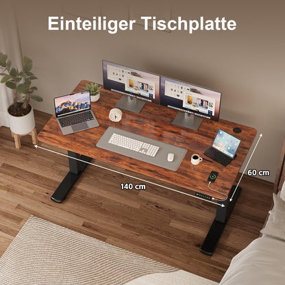 JUMMICO In hoogte verstelbaar bureau, compleet tafelblad, elektrisch bureau, in hoogte verstelbaar met geheugenfunctie, state-tafel, computertafel, 140 x 60 cm, bruin