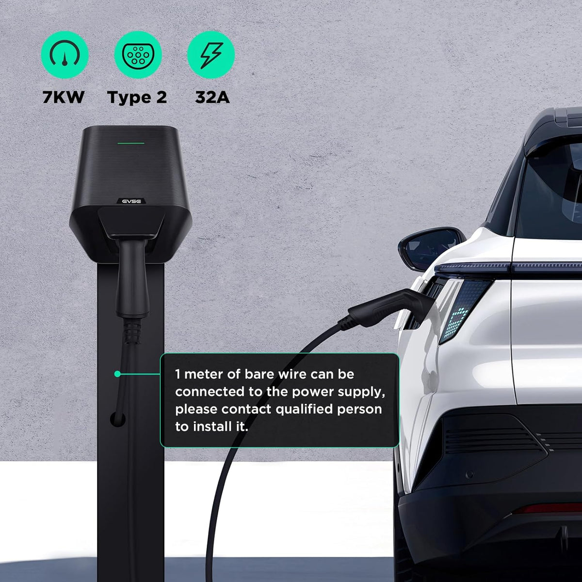 Wallbox 7KW voor elektrische voertuigen, eenfasig 32A | 24A | 16A | 240V met type 2 aansluitingen, intelligent EV-laadstation met Europese standaard IEC 62196-2 voor BEV PHEV type 1/2 modus