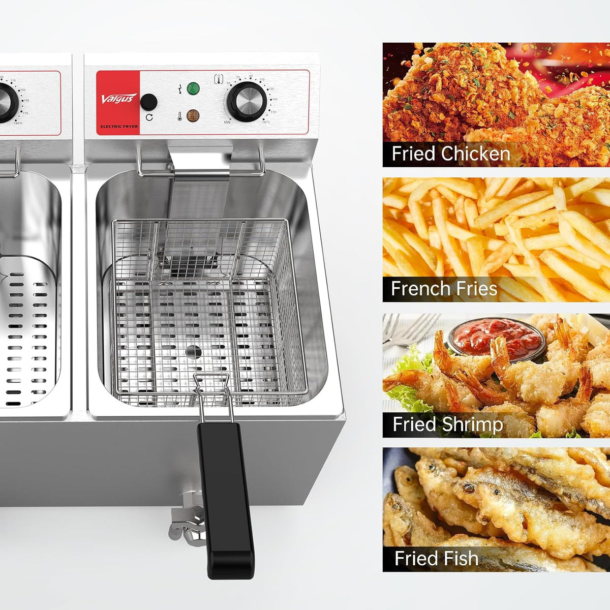 Valgus Dual Tanks Elektrische friteuse, 3300 W, 26 l, grote capaciteit, roestvrij staal, werkblad, keuken, frituurmachine met mand en deksel, afvoersysteem voor restaurants, commercieel gebruik