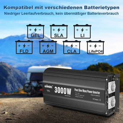 GIANDEL 3000 W omvormer, 12 V naar 230 V, zuivere sinus, spanningsomvormer, compatibel met LifePO4 Power Inverter met afstandsbediening en USB-aansluitingen, voor camper, vrachtwagen, caravan, camping