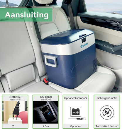 BINGI Compressor Koelbox, 22 Liter Draagbare Auto Koelkast, 12/24 V DC en 230 V AC voor Auto, Vrachtwagen, Camping, Camper en Stopcontact
