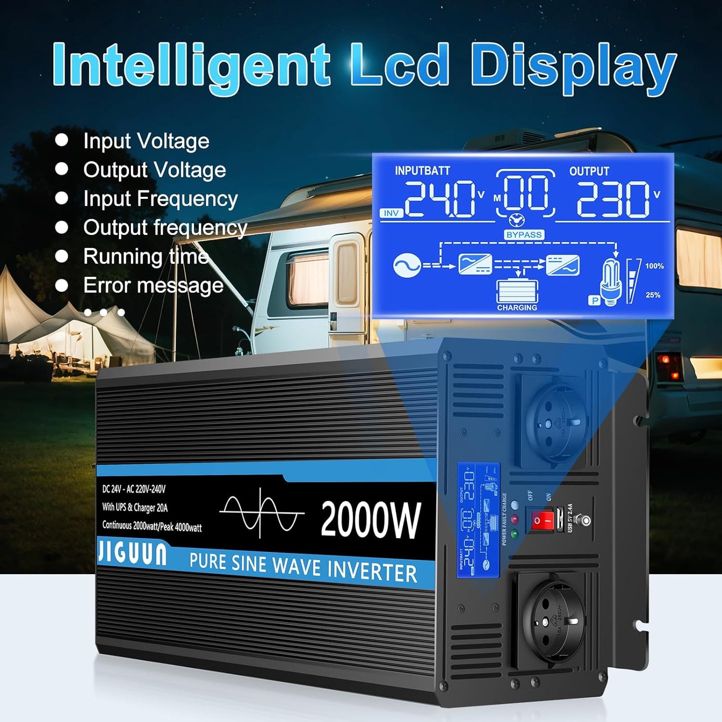 JIGUUN 2000W omvormer 24v naar 230v zuivere sinus met 20A lader en net prioriteit circuit en UPS, 2 EU-stopcontacten, draadloze afstandsbediening en LCD-display piekvermogen 4000W