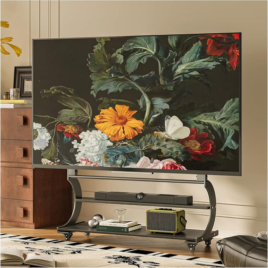 Tv-standaard, oprolbaar, voor 50-100 inch platte en gebogen tv's tot 100 kg, tv-standaard, in hoogte verstelbaar, met 2-traps plank, MAX VESA 900 x 600 mm (zwart)