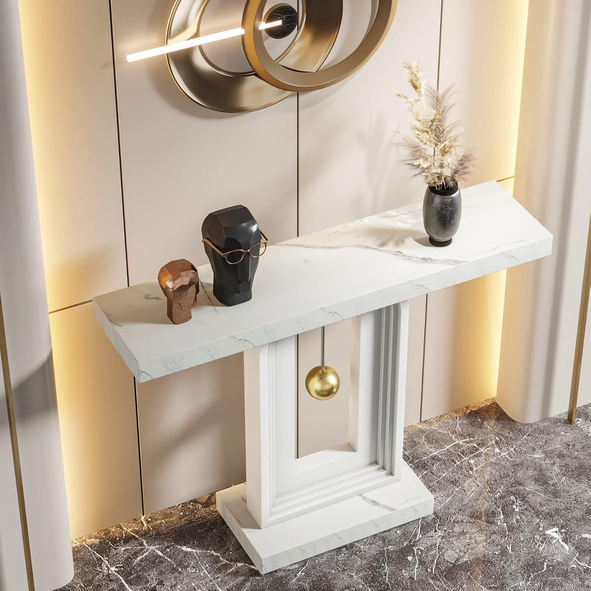 Tribesigns Modern Console Table with Geometric Base, Narrow Sofa, 40 Inches with Gold Decoration, Modern Decorative Wooden Table for Living Room, Entrance, Hallway, Entrance, Marble