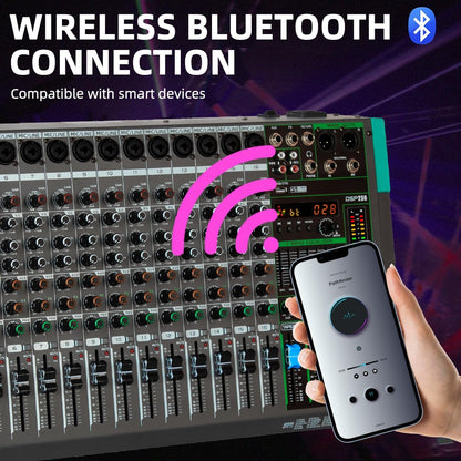 Depusheng PA16 Professionele Audio Mixer Soundboard Console Interface 16 Kanaals Digitale USB Bluetooth MP3 Computer Input 48V Fantoomvoeding Ingebouwde 99 Reverb Effect