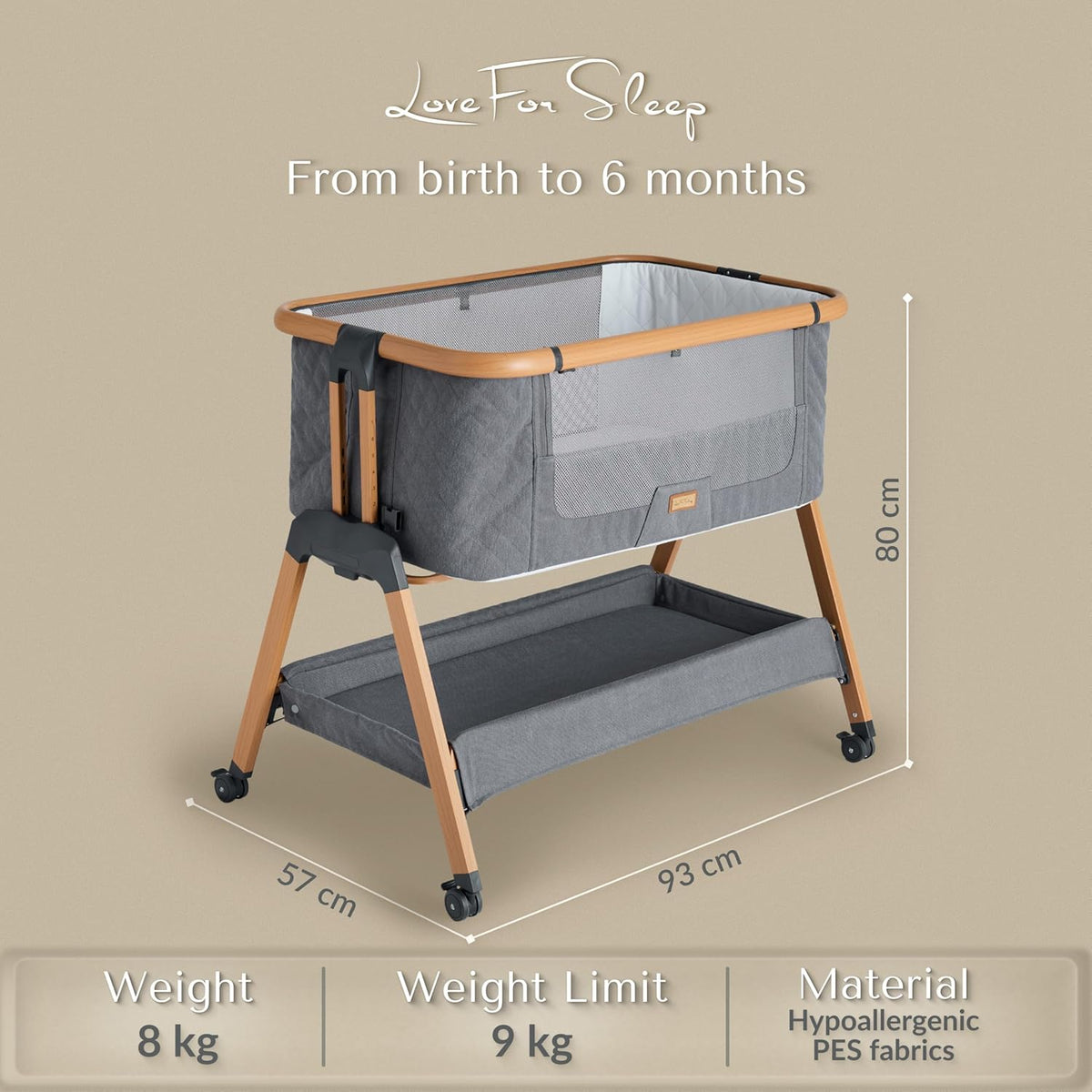 Love For Sleep SnooBee Next To Me Babybed & Babybed – 6 hoogtes, wielen, matras, zijpanelen van ademend mesh met muggennet (0-6 maanden) - grijs/grenen