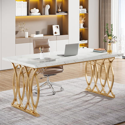 Tribesigns Executive Desk, 160 cm W Large Computer Desk, Modern Desk, Conference Table, Conference Table, Business Furniture for Home Office, White and Gold