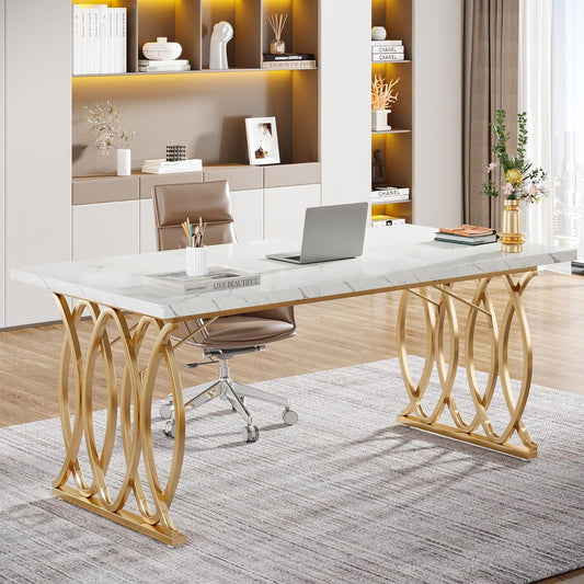 Tribesigns Executive Desk, 160 cm W Large Computer Desk, Modern Desk, Conference Table, Conference Table, Business Furniture for Home Office, White and Gold