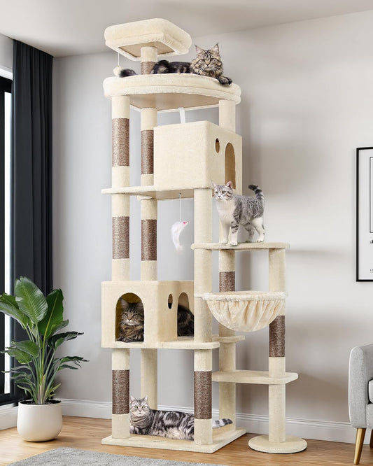 Globlazer Cat Tree Beige large xxl tall 213cm with 2 cat house large platform lined Seat Rod Basket scratching post Sisal,luxury Scratching post stable for large cats Maine Coon Bkh Ragdoll (F83, Beige)